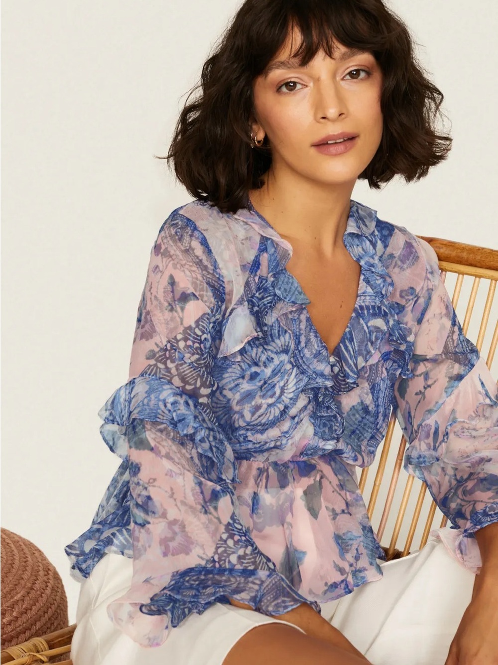 MISA Los Angeles Ayat Ruffle top Sheer Blue Floral Ruffle Women's Top $230